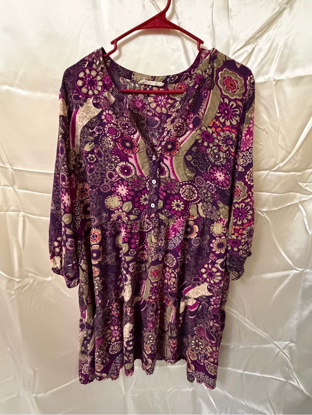 Natural Life Purple Floral Paisley Tiered Boho Tunic Dress Women’s L Rayon